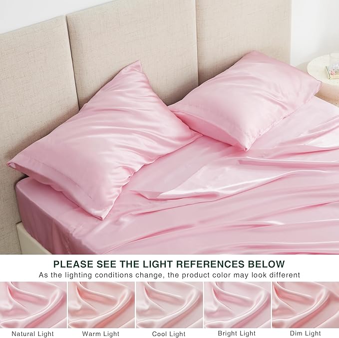 Love's cabin Twin XL Satin Sheet Sets - 3 Piece Pink Silky Bed Sheets with Deep Pockets, Luxury Silk Feel Satin Sheet Set Twin XL (1 Flat Sheet,1 Fitted Sheet,1 Pillow case)
