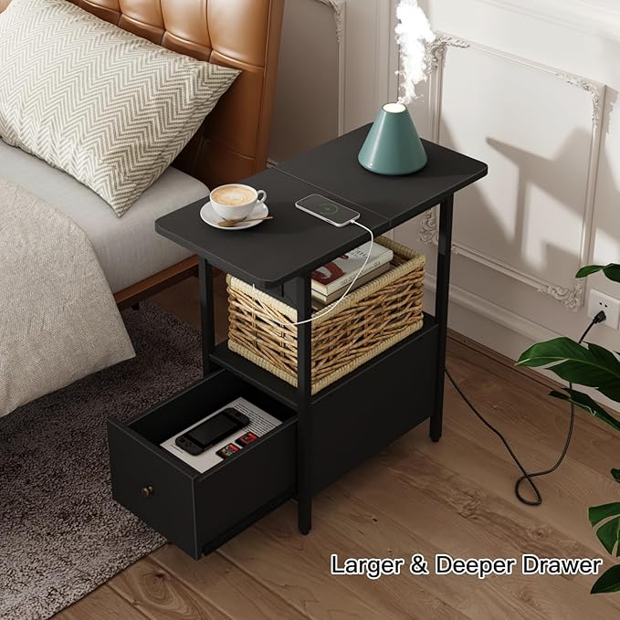 LIDYUK End Table with Charging Station, Narrow Side Table with Drawer and USB Ports & Power Outlets, Nightstand Bedside Tables for Small Spaces, Bedroom, Living Room, Black, Set of 2
