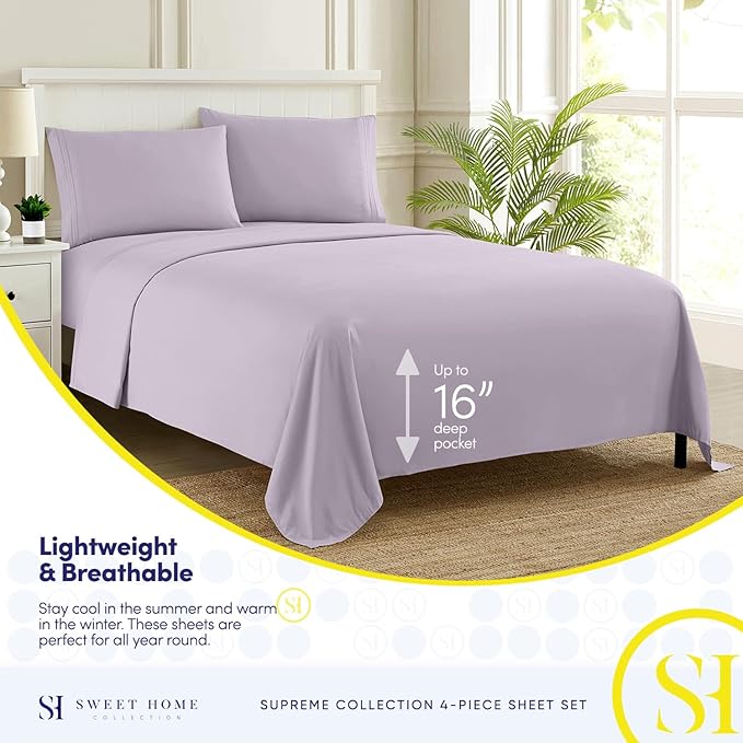 Queen Size Bed Sheets - Breathable Luxury Sheets with Full Elastic & Secure Corner Straps Built In - 1800 Supreme Collection Extra Soft Deep Pocket Bedding Set, Sheet Set, Queen, Lilac