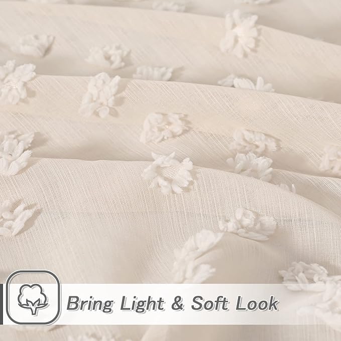 MYSKY HOME Pom Pom Beige Sheer Curtains for Bedroom Girls Room Curtains 63 inch Length for Nursery Kids Light Filtering Boho Window Drapes, Rod Pocket, 38" Wide, 2 Panels