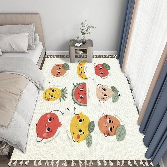 Boho Nursery Rug Cute Funny Fruits Characters Pear Banana Scandinavian Chic Area Rug Washable Rug Mat Minimalist Home Decor for Living Room Bedroom Playroom Classroom