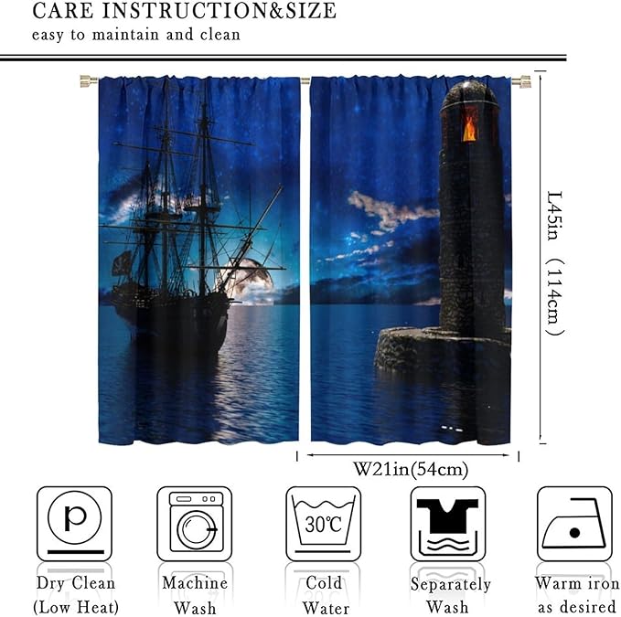 Pirate Ship Curtains, Nautical Sailboat Sailing Ocean Adventure Full Moon Cloudy Night Sky Old Lighthouse Print Blackout Window Treatments for Bedroom Living Room 42x45 Inch