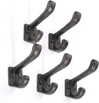 5 Pack Decorative Cast Iron Heavy Duty Double Hooks, Wall Mounted Coat Hooks, Vintage Inspired (Antique Black) (Modern Type)