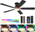 Ceiling Fans with Lights- 52" RGB Low Profile Indoor Ceiling Fan with Light and Remote/APP Control, Flush Mount, LED Dimmable DC Reversible Modern Ceiling Fan for Bedroom（Black）