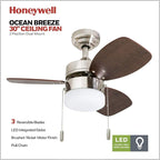 Honeywell Ceiling Fans Ocean Breeze Modern 30 Inch Ceiling Fan with Light, Pull Chain LED Indoor Fan with 3 Blades, Satin Nickel and Light Oak Blade Finish Options, Brushed Nickel (50601-01)