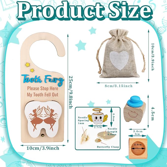 4Pcs Tooth Fairy Door Holder - Wooden Door Hanger Gift Set with Keepsake Box and Bag & Reward Badge, Gifts and Bedroom Decorations Suitable for Lost Teeth Girls and Boys