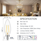 Honesorn E12 LED Bulb Dimmable, 60-Watt Equivalent, Candelabra Led Light Bulbs, 3000k Warm White, Type B Chandelier Light Bulb for Ceiling Fan, C35 B11 Candle led for Candelabra Base, 6 Pack