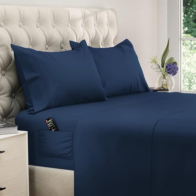 DREAMCARE California King Sheet Sets – 4 pcs Cooling Sheets – up to 21” Deep Cal King Sheets – Hotel Luxury Pillowcases – Superior Softness 100% Fine Microfiber with Side Pocket – Navy Blue