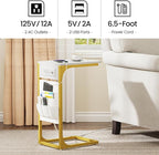 TUTOTAK C Shaped End Table with Charging Station, Side Table for Sofa, Couch Table with Storage Bag, TV Tray Table with 2 USB Ports and Outlets for Living Room, Bedroom, White and Gold TB01BWG024