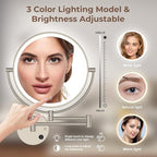 Rocollos 9" Plug-in Wall Mounted Lighted Makeup Mirror 1X/10X Magnification, Super Large Double Sided LED Vanity Mirror for Bathroom, 3 Color Dimmable 360°Swivel Extendable Shaving Cosmetic Mirror