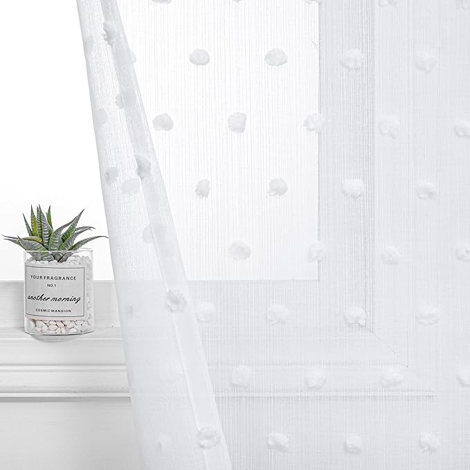MYSKY HOME Short Curtains for Small Window - 45 Inch Long White Sheer Voile Panels with Pom Pom Trim for Kitchen, Bedroom, Living Room, Cafe, Nursery - 2 Sets - 52 x 45 Inch