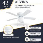 Prominence Home Alvina Traditional 42 Inch Ceiling Fan with Light, LED Flush Mount Ceiling Fan, Indoor Fan with 5 Blades, White and Gray Oak Blade Finish Options, White (80092-01)