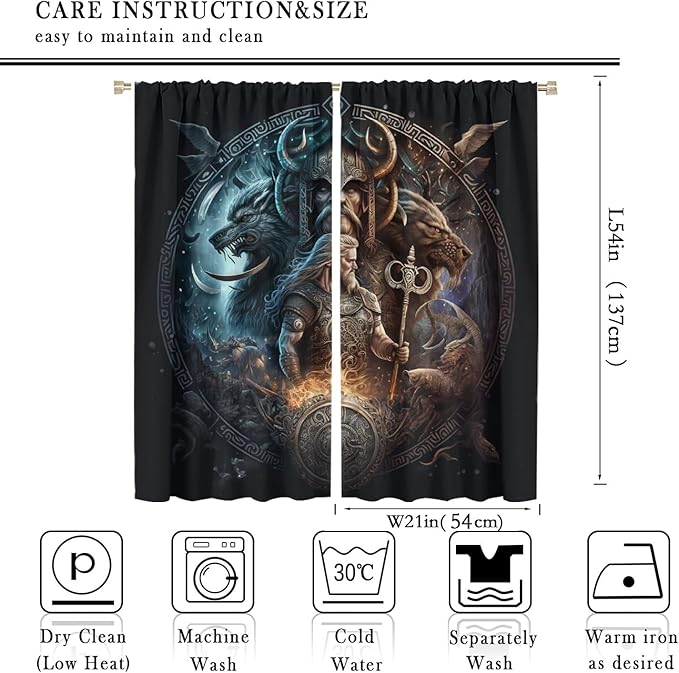 Cool Norse Viking Theme Curtains - Fantasy Ancient Symbols Wildlife Wolf Nordic Vikings Window Drapes,Energy Saving Thermal Insulated Rod Pocket Bedroom Blackout Curtains 2 Panels 54L x 21W