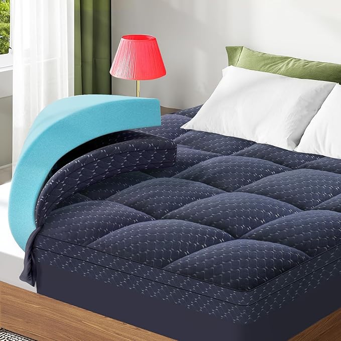 Dual Layer 3 Inch Memory Foam Mattress Topper Queen Size, 2 Inch Gel Memory Foam Plus 1 Inch Cooling Pillow Top Mattress Pad Cover, with 8-21 Inch Deep Pocket, Navy Blue