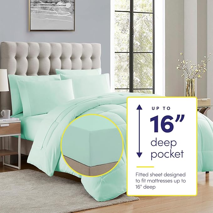 Sweet Home Collection 7 Piece Comforter Set Bag Solid Color All Season Soft Down Alternative Blanket & Luxurious Microfiber Bed Sheets, Mint, Queen