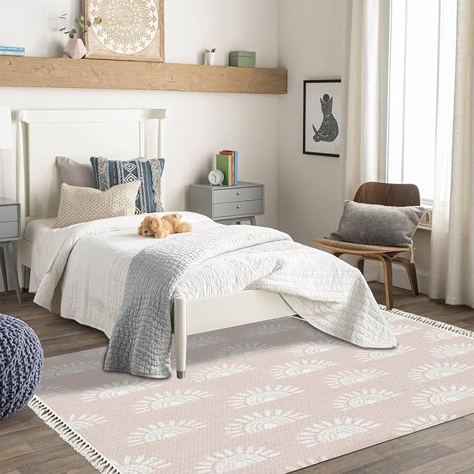 Boho Rug Pink Hand Drawn Rainbows Rising Sun sunScandinavian Chic Area Washable Hallway Runner Mat Minimalist Home Decor for Living Room Bedroom Nursery Playroom Classroom, 4'x6