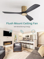 Sofucor 52 Inch Solid Wood Ceiling Fan Without Lights Flush Mount Ceiling Fans with Remote Control-Wood Blades Modern Outdoor Ceiling Fan No Light for Bedroom/Farmhouse/Patio/Indoor, Black Gold