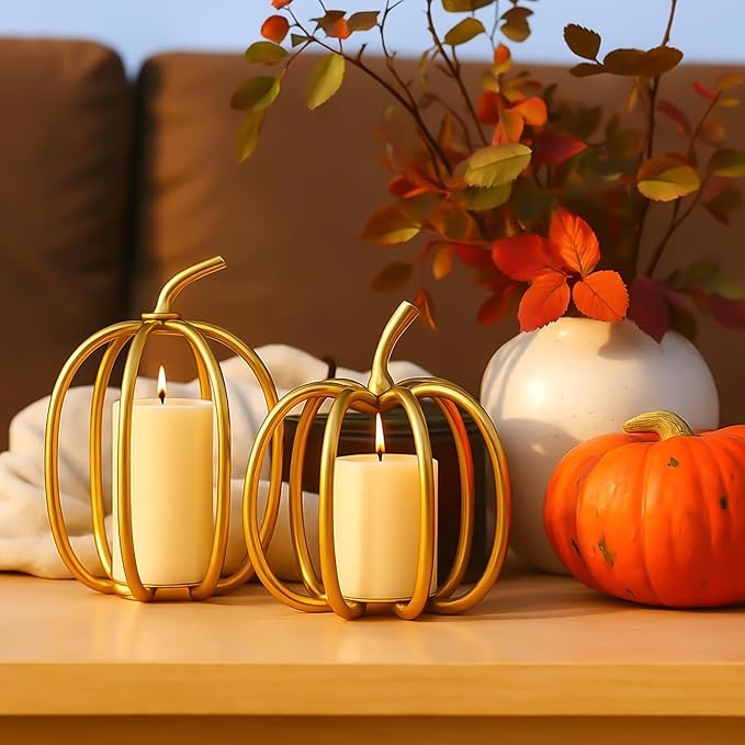2 Pcs Thanksgiving Gold Metal Pumpkin Candle Holder 6inch 8inch Fall Iron Pumpkin Votive Candle Holder for Holiday Autumn Halloween Home Room Vintage Decoration