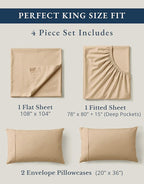 LANE LINEN 100% Organic Cotton Bed Sheets King Size, Fully Elasticized Reinforsed Seams in Fitted Pocket, Machine Washable Naturally Cooling All Season King Sheet Deep Pocket Bedding- Linen