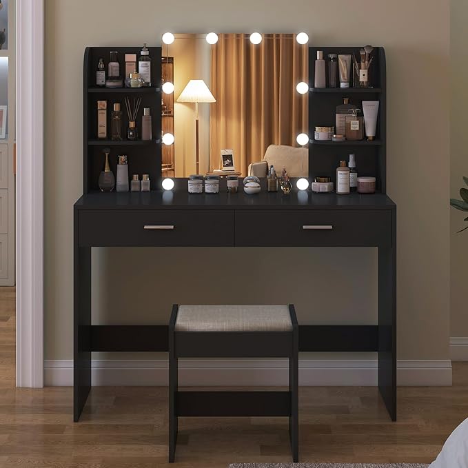 usikey Vanity Desk with Mirror and Lights, Vanity Makeup Table Set with 2 Drawers & 6 Open Shelves, Makeup Vanity Desk Dressing Table with Cushioned Stool, Black