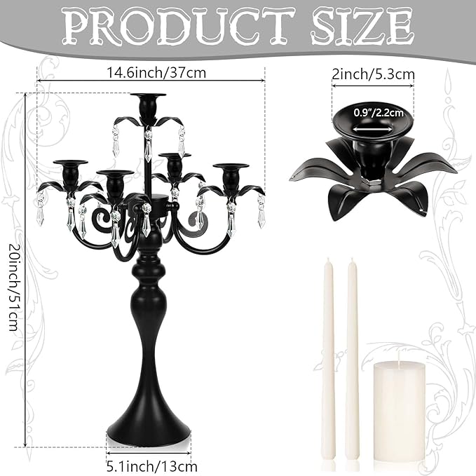 20''Tall Black Crystal Pendant Taper Candle Holders/Stylish Candle Stands/Candlesticks Holder/Candelabra for Home Decor, Weddings/Parties/Elegant Dining Table Centerpiece (2, Black, 5 Arm)