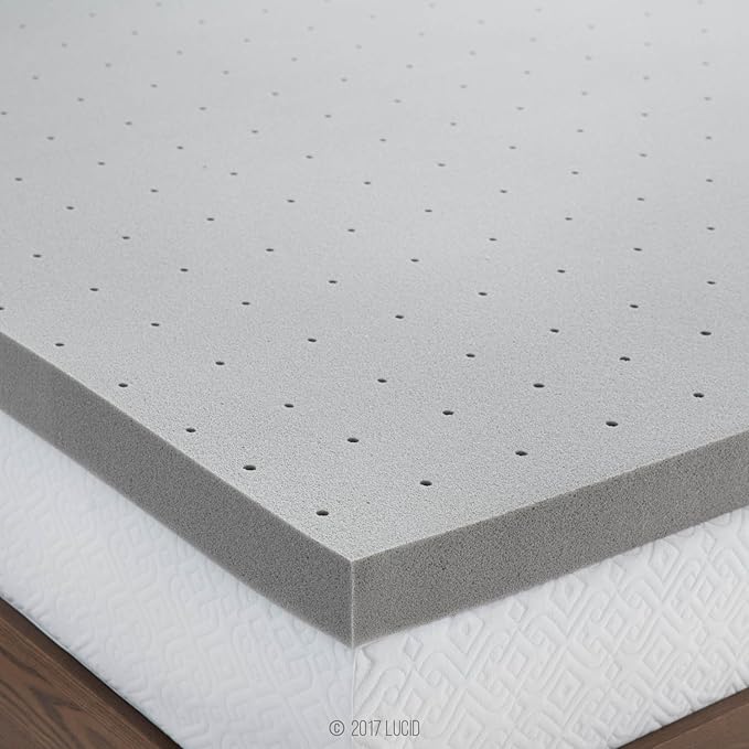 Lucid 3 Inch Ventilated Bamboo Charcoal Memory Foam Mattress Topper, CertiPUR-US Certified, Moisture and Odor Control-Queen