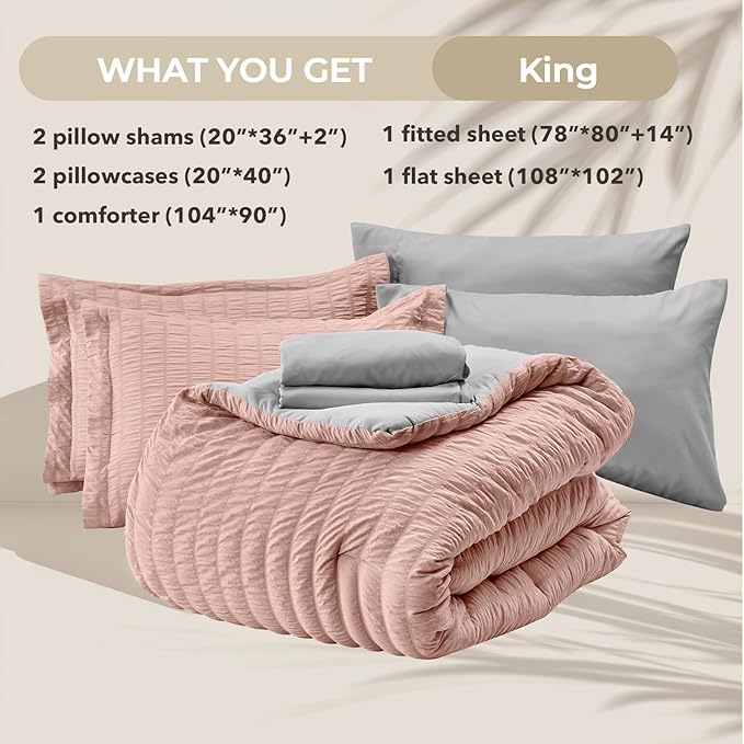 HYMOKEGE Rose Gold/Light Grey King Size Comforter Set Seersucker 7 Pieces, All Season Luxury Bed in a Bag for Bedroom, Bedding Set with Comforter, Sheets, Pillowcases & Shams