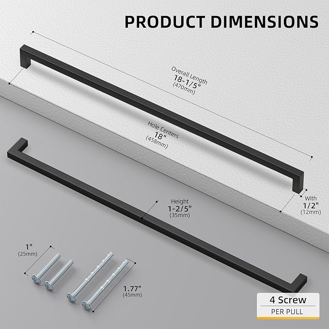 goldenwarm 50 Pack 18 Inch Black Cabinet Handles Matte Black Drawer Pulls Stainless Steel Cabinets Hardware Square Bar Modern for Kitchen Bathroom Cupboard