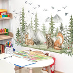 Giant Watercolor Mountain Forest Tree Wall Stickers, Sunoyar DIY Woodland Pine Wall Decal for Kids Boys, Jungle Wild Animal Fox Deer Bear Mural Decor for Nursery Bedroom Living Room Playroom (Green)