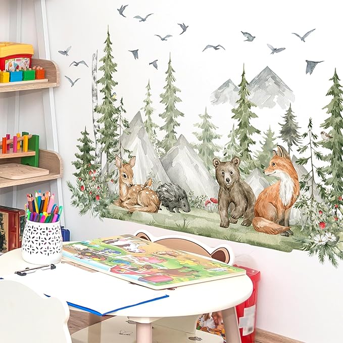 Giant Watercolor Mountain Forest Tree Wall Stickers, Sunoyar DIY Woodland Pine Wall Decal for Kids Boys, Jungle Wild Animal Fox Deer Bear Mural Decor for Nursery Bedroom Living Room Playroom (Green)