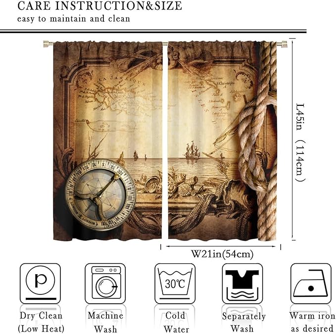 Pirate Map Curtains, Nautical Theme Old Ancient Treasure Map Secret Sea History Pattern Blackout Window Drapes for Kids Boys Bedroom Living Room 42x45 Inch