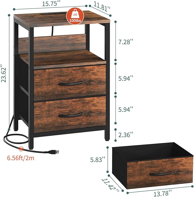 Yoobure Nightstand with Charging Station, Small Night Stand with Fabric Drawers and Storage Shelf for Bedrooms, Small Spaces, Bedside Table with USB Ports & Outlets