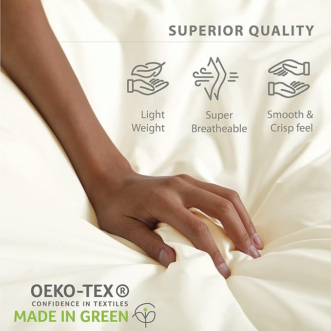 Linen Home 100% Cotton Percale Sheets Full Size, Ivory, Deep Pocket, 4 Pieces Set - 1 Flat, 1 Deep Pocket Fitted Sheet and 2 Pillowcases, Crisp Cool and Strong Bed Linen