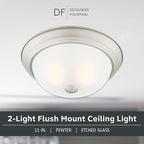 DESIGNERS FOUNTAIN Reedley 2-Lights Flush Mount Ceiling Light, 11 Inch Lighting Fixture for Kitchen, Bedroom, Bathroom, and Hallway, Pewter with Etched Glass, 1257S-PW-W