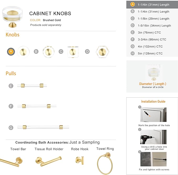 QOGRISUN 10-Pack Brass Crystal Cabinet Knobs,Glass Crystal Gold Drawer Knobs,1-1/4-Inch Round, Decorative Dresser Pulls, Modern Cabinet Hardware
