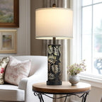 Set of 2 Rustic Table Lamps for Living Room Bedroom, Vintage Farmhouse Nightstand Lamp with 2 USB Ports, Hollow Out Black Metel Lamp for End Table with Nightlight (Retro Black)