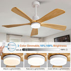 52 Inch Outdoor Ceiling Fans with Lights and Remote Control, Dimmable 5 Blade Wood Outdoor Ceiling Fans for Patios, White Natural Wood Bedroom Ceiling Fan with Lights, Noiseless DC Motor