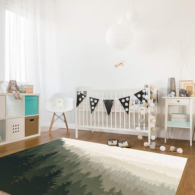 Large Area Rugs 5' x 7' Throw Carpet Floor Cover Nursery Rugs For Children/Kids, Northern World with Coniferous Trees Scandinavian Woodland, Modern Kitchen Mat Runner Rugs For Living Room/Bedroom