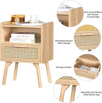 Lerliuo Rattan Nightstand, Boho Side Table with Drawer Open Shelf, Cane Accent Bedside End Table with Solid Wood Legs for Bedroom, Dorm and Small Spaces (Natural)
