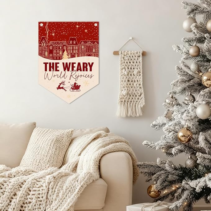 Christmas Wall Hanging Banner, "The Weary World Rejoices" Canvas Wall Art, Festive Town & Santa Sleigh Print Hanging Decor for Home, Living Room, Bedroom Holiday Decoration, 15.7 x 21.6 In