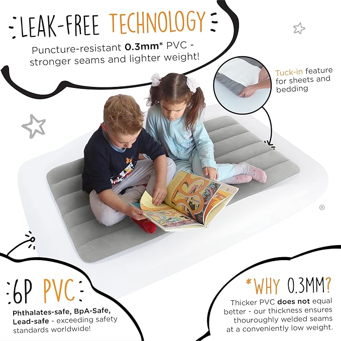 The Shrunks Toddler Travel Bed Portable Inflatable Air Mattress Blow Up Bed for Indoor/Outdoor Camping, Backyard, Hotel, or Home Use Kids/Toddler Floor Bed with Side Bed Rails and Electric Pump Grey