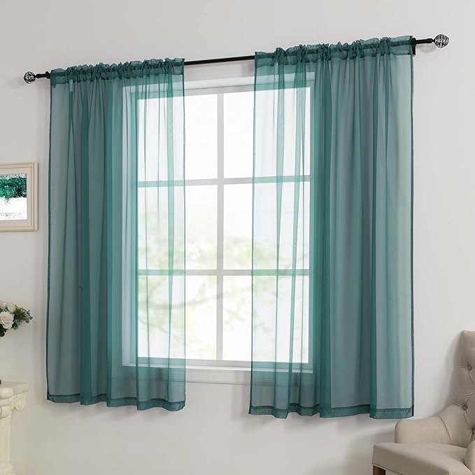 HUTO Dark Teal Green Sheer Curtains 54 inches Long for Bedroom Top Rod Pocket Sheer Window Panels Curtains for Nursery Living Room 52 by 54 Inch Length Set of 2