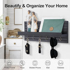 Decorative Key Holder for Wall with Shelf, Entryway Shelf with Hooks Holds Leashes, Jackets and Glasses – Sturdy Wood Keyholder Entrance Hanger with Mounting Hardware (Black, Large)