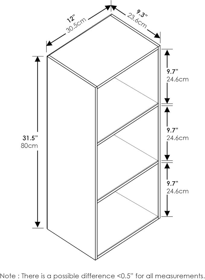 Furinno LUDER Book Shelf, 3-Cube Bookshelf, Bookcase, 9.3" x 12" x 31.5", for Living Room, Bedroom, Home Office, White