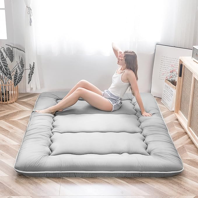 MAXYOYO Japanese Floor Mattress, Thicken Daybed Futon Sleeping Pad Foldable Roll Up Mattress Boys Girls Dormitory Floor Lounger Bed Couches and Sofas, Grey, Twin Size