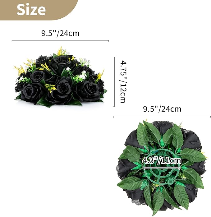 NUPTIO Black Artificial Roses Flowers: 6 Pcs Fake Flower Bouquet Halloween Decorations - 15 Heads Artificial Rose Centerpieces with Base for Gothic Wedding Party Table Decor