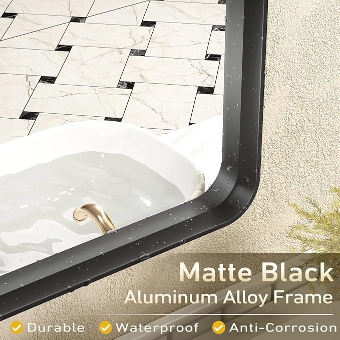 28x32 Inch Black Metal Framed Bathrrom Mirror for Wall, Matte Black Rectangle Mirror, Rounded Corner, Anti-Rust (Horizontal/Vertical)