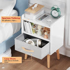 LUCKNOCK White Night Stand with Drawer, Mid Century Modern Bedside Table, Sturdy Wood Nightstand with Open Storage Shelf, Small Bedside Table for Bedroom, Kids Room & Small Spaces.