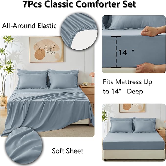 CozyLux Queen Comforter Set Dusty Blue - Bed in a Bag Queen Size 7 Pieces, Luxury Soft Bed Set for All Seasons, Bedding Set with Down Alternative Comforter, Sheets, Pillowcases & Shams, Grayish Blue