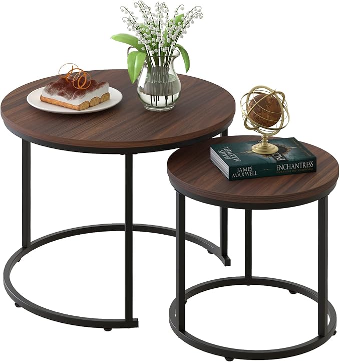 aboxoo Coffee Table Nesting Side Round Set of 2 End Table Top Sturdy Metal Frame Desk Centerpiece Living Room Bedroom Apartment Modern Industrial Simple Nightstand